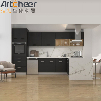 Buy Minimalistic Design Grey Solid Wood Kitchen Cabinets with Imported Quartz Stone Top online manufacture