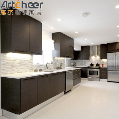 Buy Veneer Finish Dark Brown Kitchen Cabinets with Solid Wood Material and Handless Design online manufacture