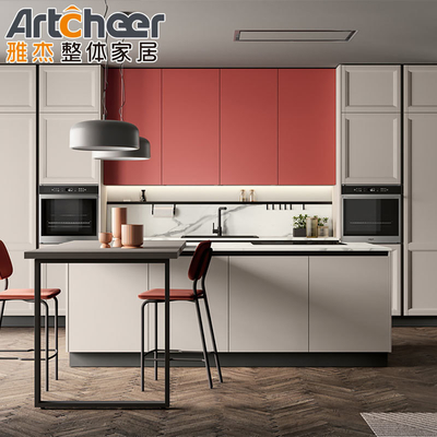 Buy CLASSIC Scandinavian Design Kitchen Cabinets with Pink ENF Panel and Small Island Table online manufacture