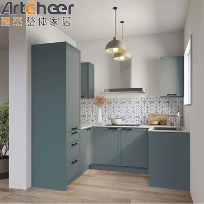Blue Color Finish U Shape Kitchen Cabinet with End Solid Wood Design and Toe Kick Accessories