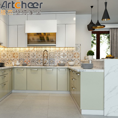 Green Color Quartz Stone Top U Shape Kitchen Cabinet for Modern Stylish Kitchen Design