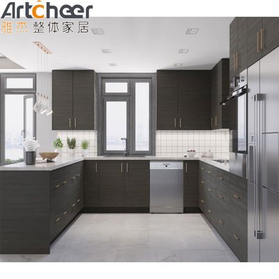 White Quartz Stone Top U Shape Kitchen Cabinet with Modern Stylish PVC Membrane Door Panel
