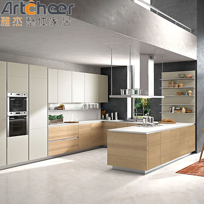 Modern Customized U Shape Kitchen Cabinet White Veneer Door With Quartz Stone Counter Top